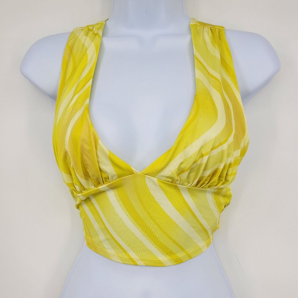 New Urban Outfitters Yellow Swirl Plunge Neckline Crossed Tie Back Crop Top Smal